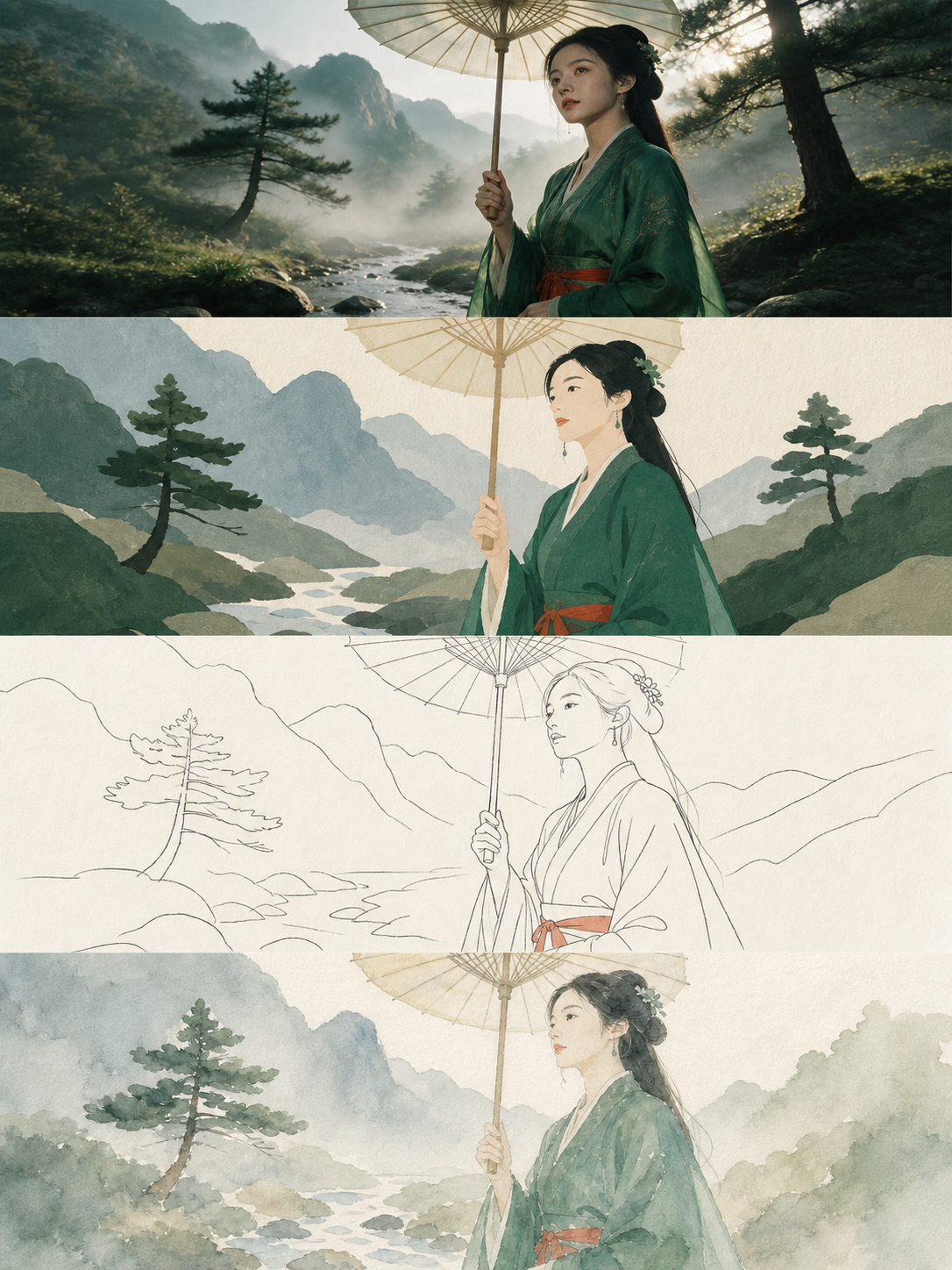 Mountain Umbrella:Traditional portrait, stream and distant peaks