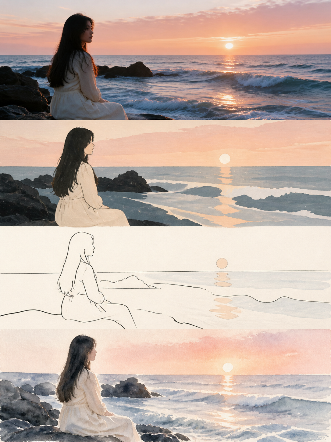 Listening to Dusk:Rocky shore, portrait and ocean sunset