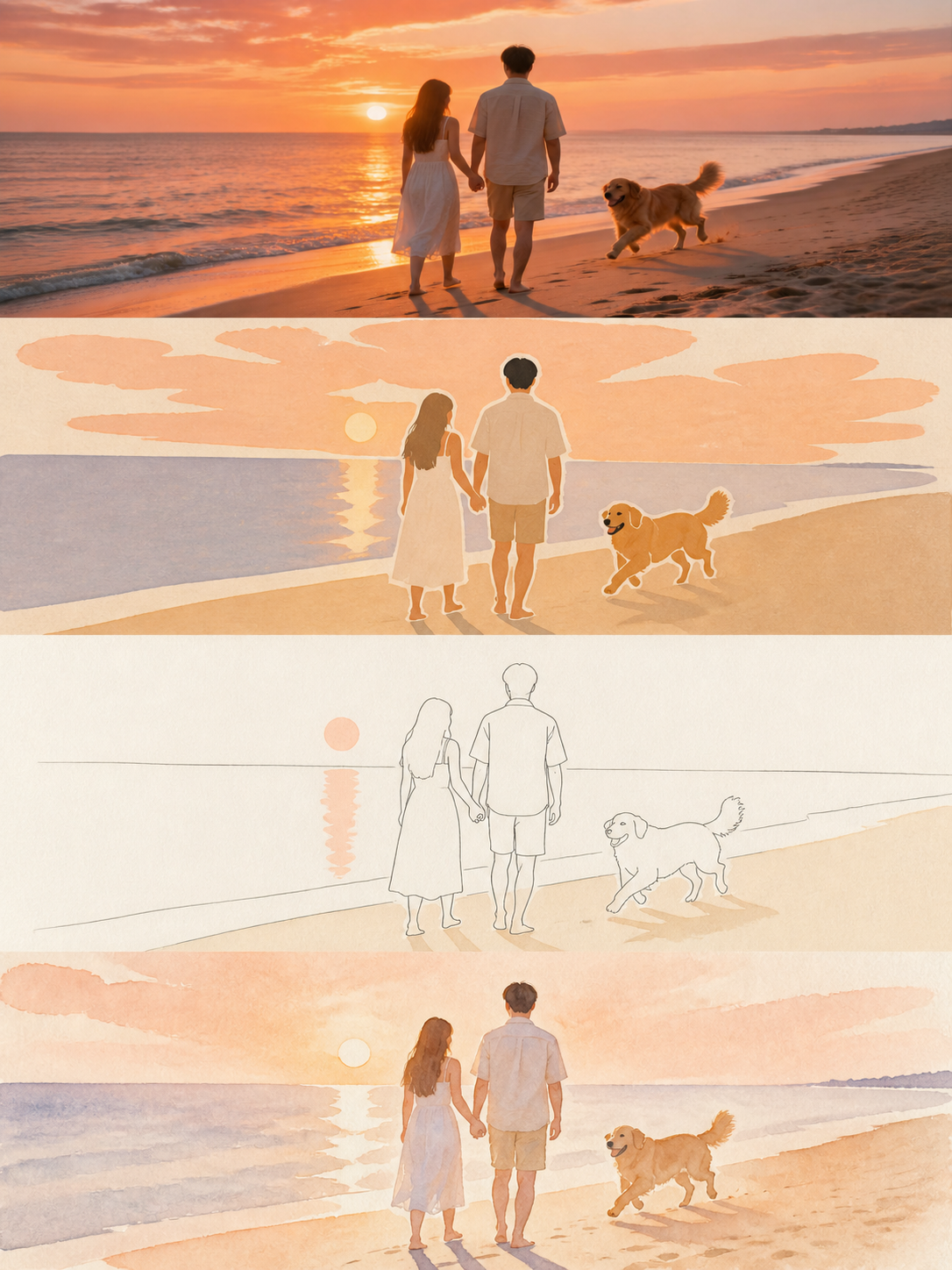 Sunset Walk:Seaside couple, golden retriever and sunset