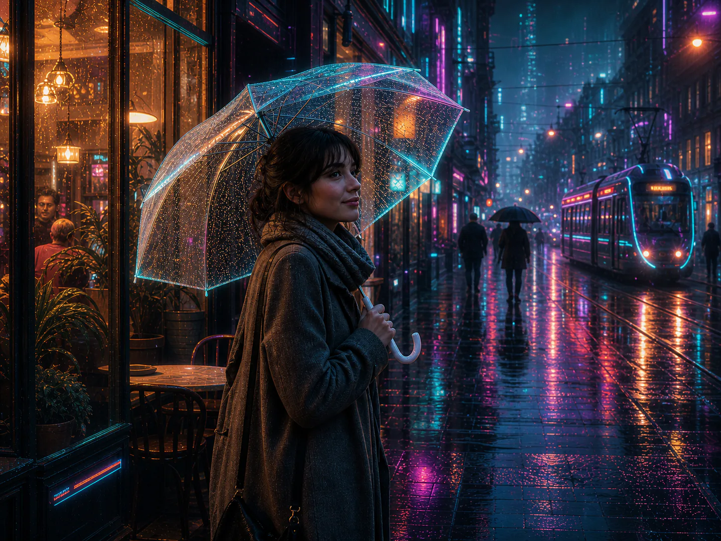 Photorealistic portrait under a transparent umbrella in a neon rainy city