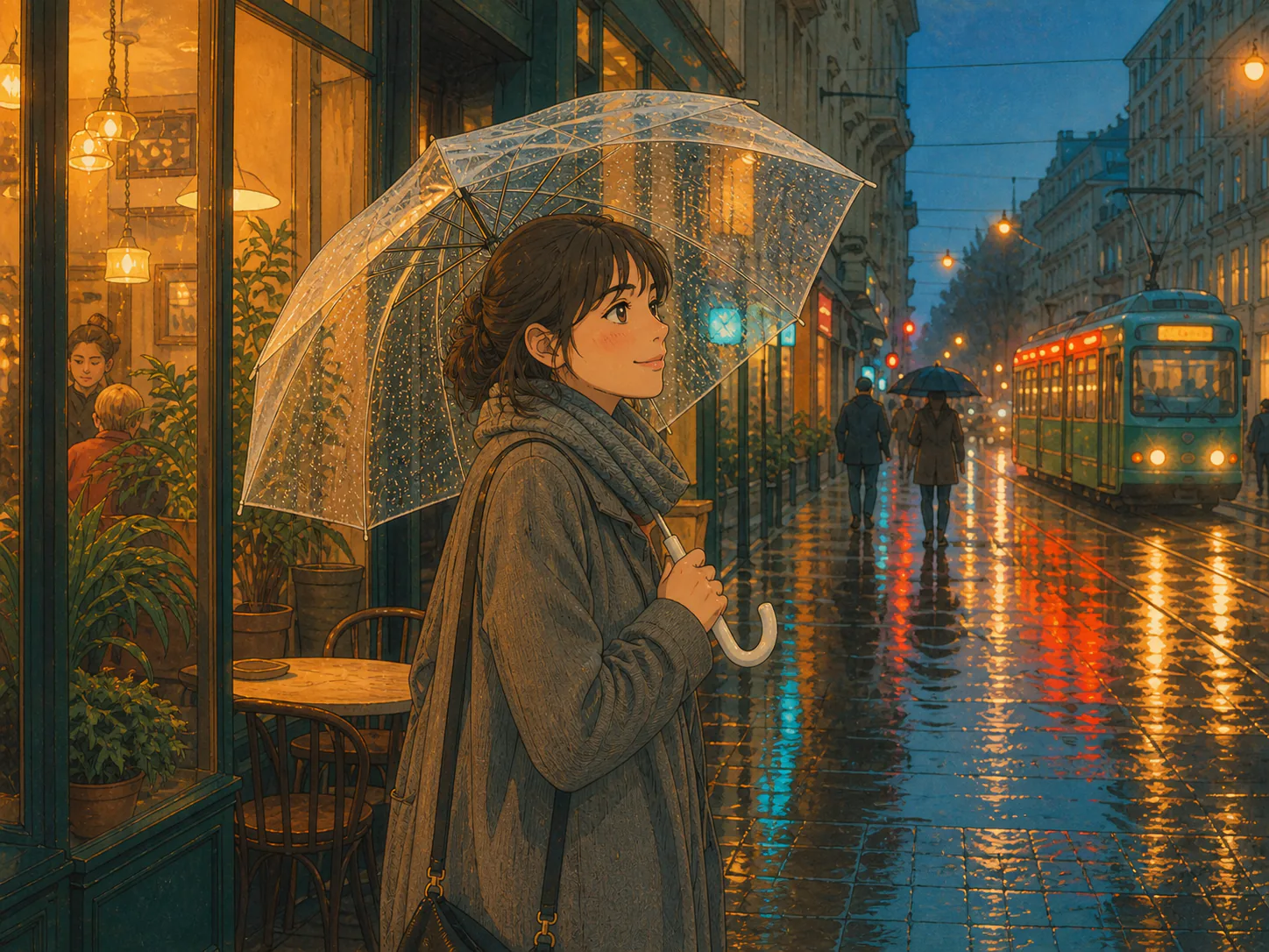 Anime illustration of a portrait in a rainy city