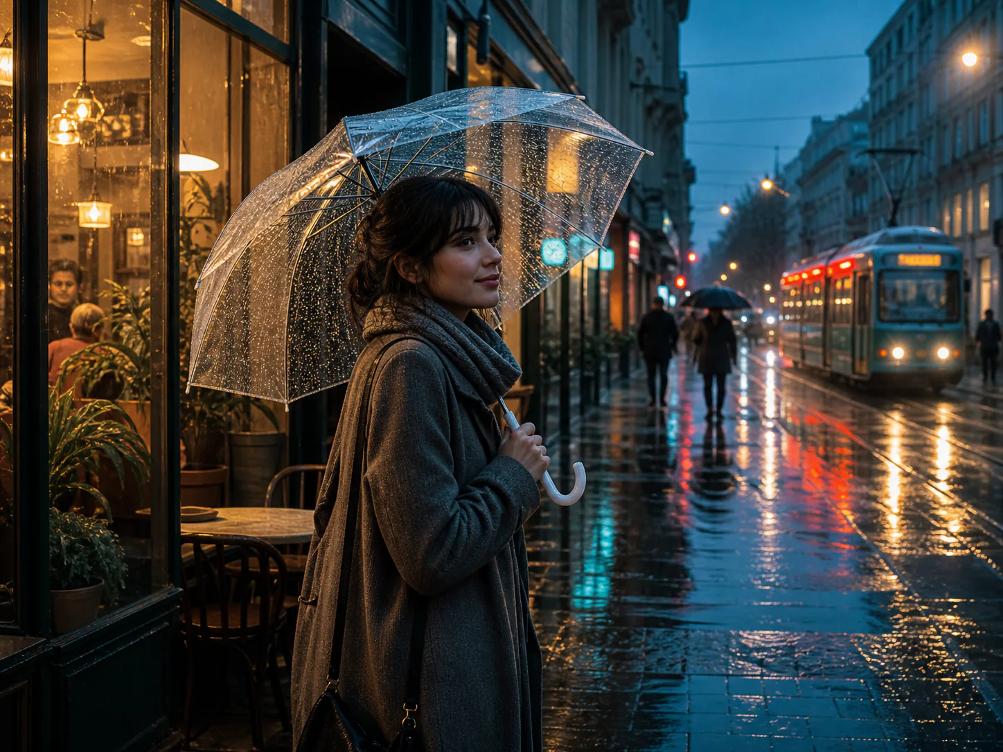 Cinematic rainy city street with a tram