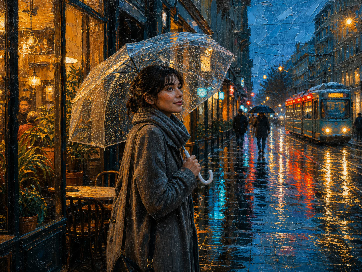 Impasto painting of a portrait in a rainy city