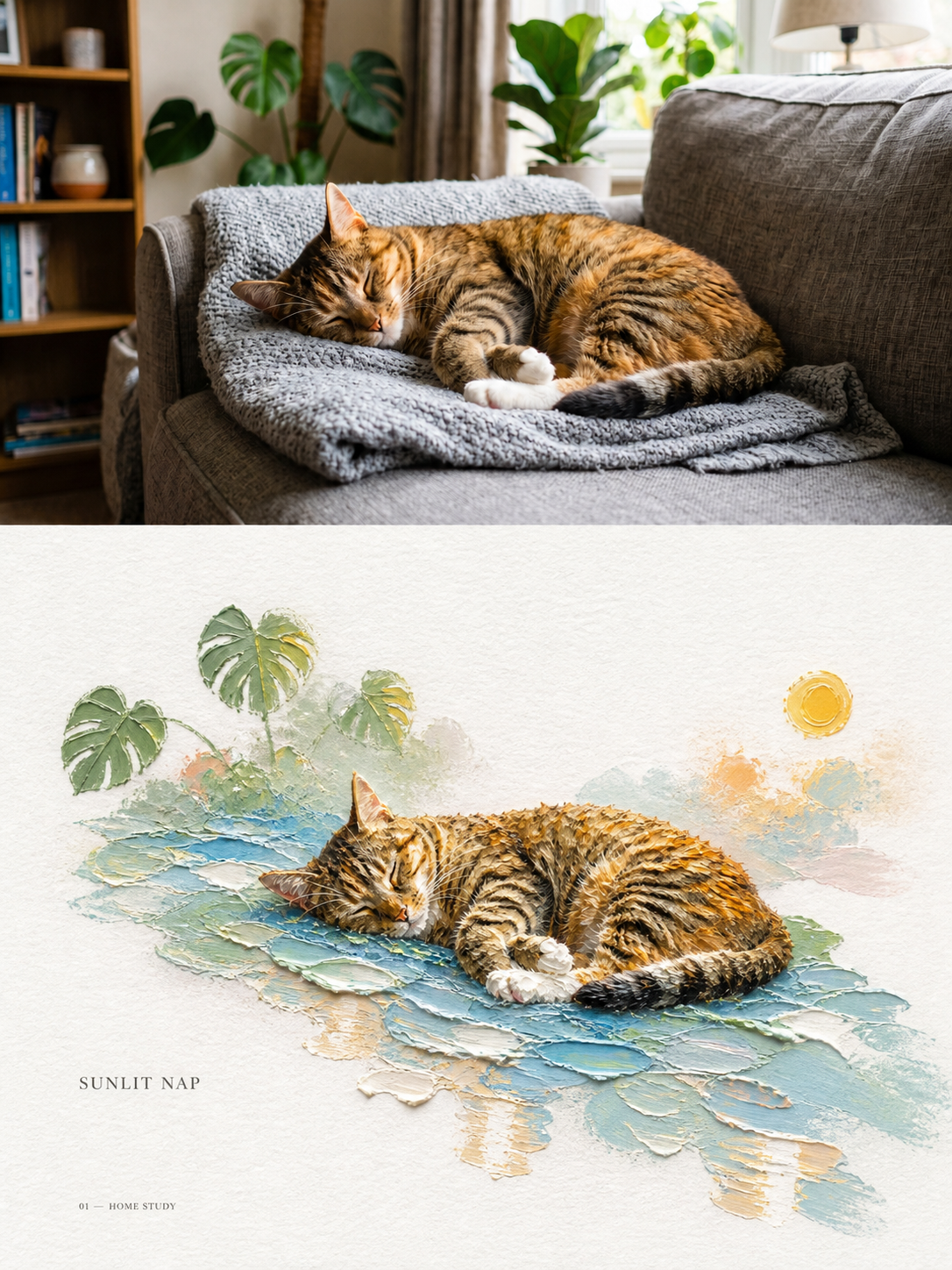 Sunlit Nap:Warm interior light and sleeping tabby