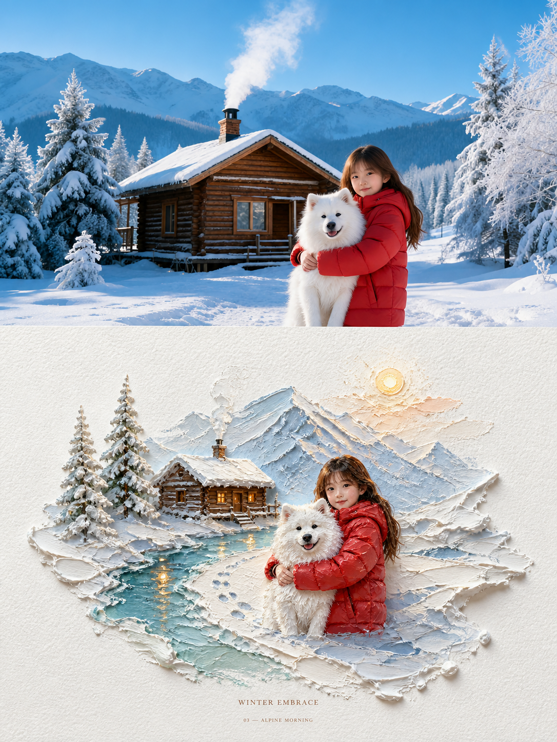 Winter Embrace:Snow, cabin, portrait and white dog
