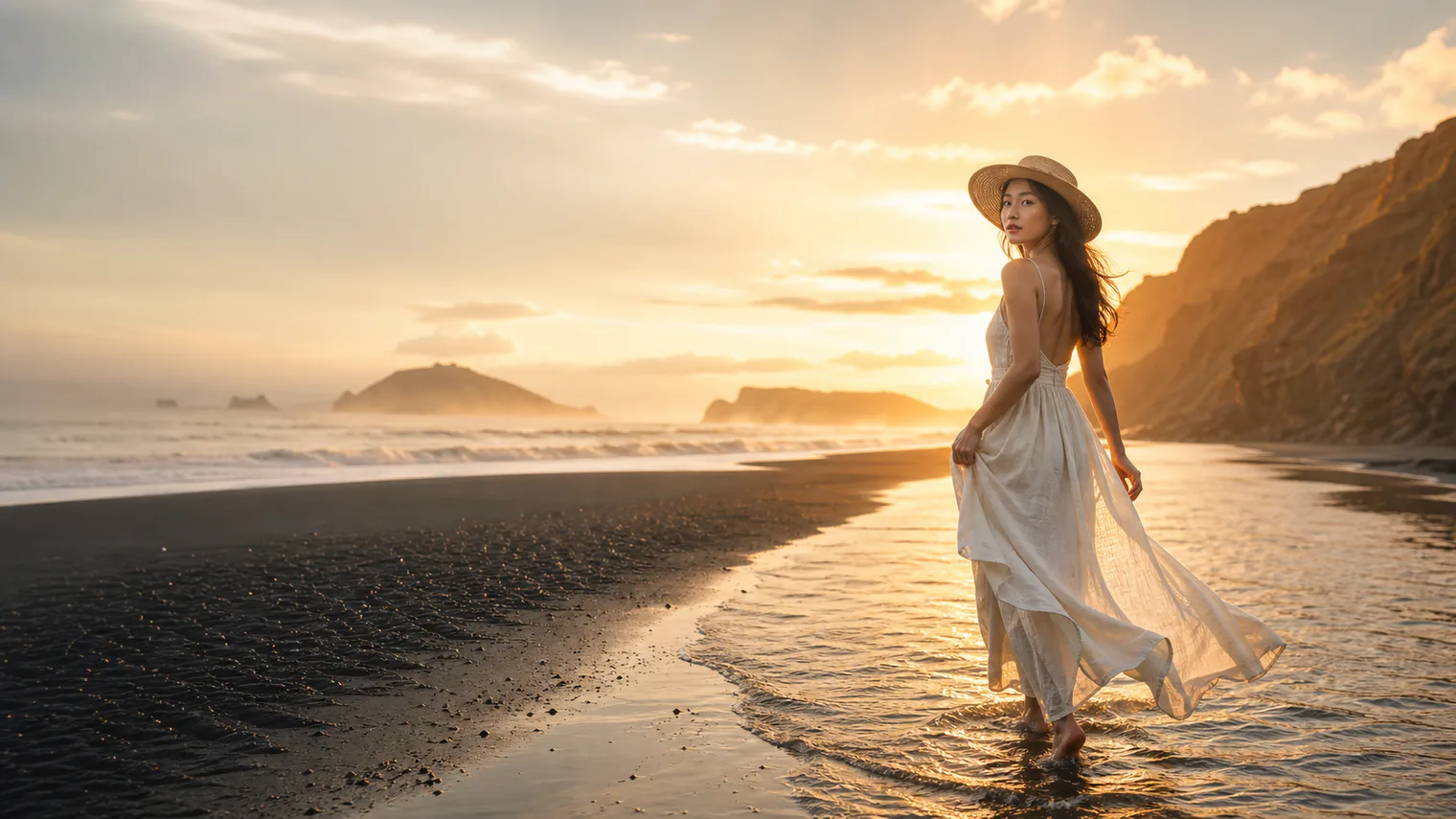 GPT Image 2 detailed travel prompt result with an East Asian woman walking on a volcanic beach at sunset
