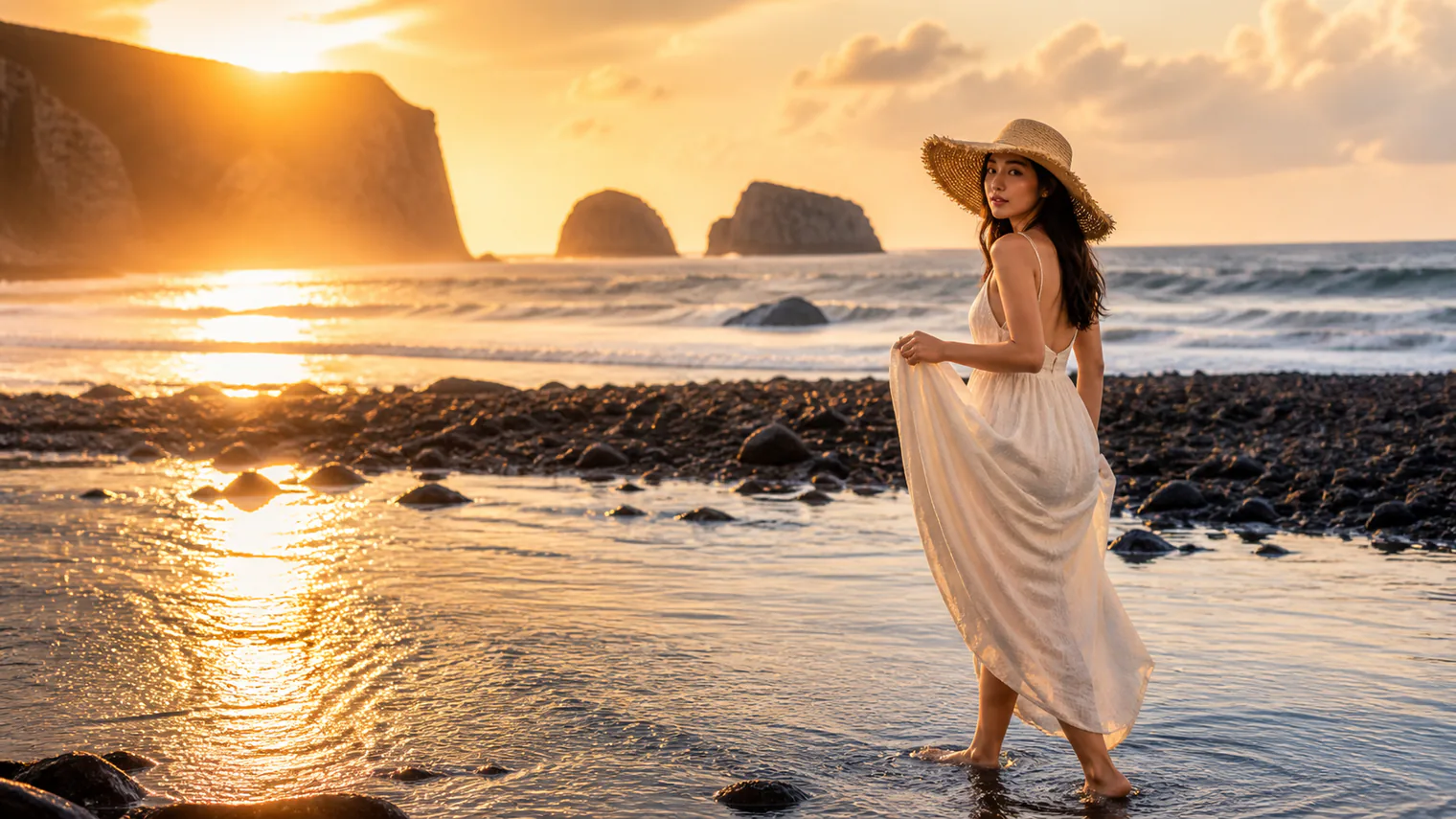 GPT Image 2 concise travel prompt result with an East Asian woman walking on a volcanic beach at sunset