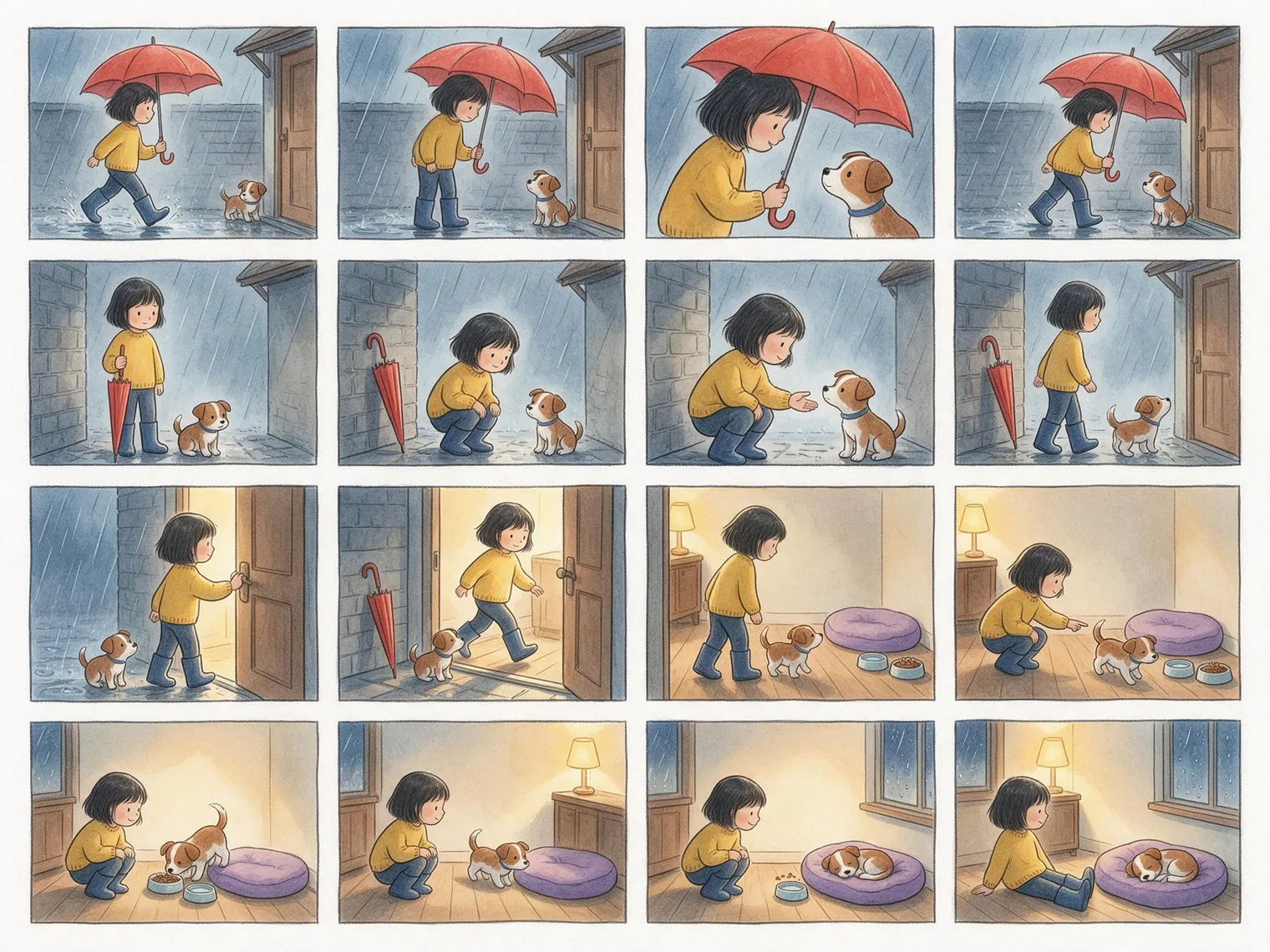 A 16-panel continuous cinematic storyboard generated with Seedream 5.0 Pro, showing a girl bringing a puppy home on a rainy night