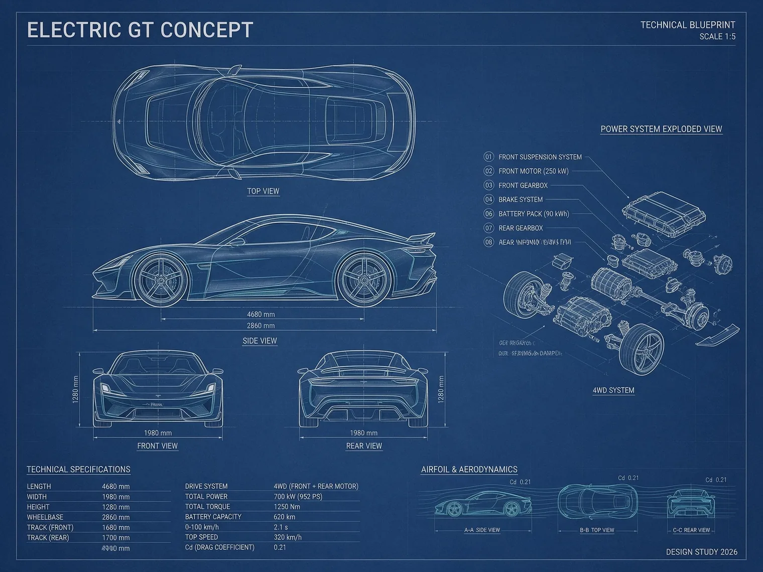 Seedream 5.0 Pro futuristic electric GT technical blueprint with orthographic views, dimensions, and an exploded powertrain diagram