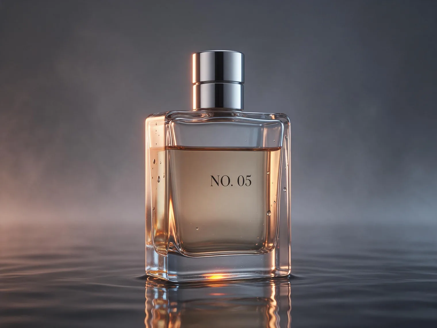 Commercial glass perfume photography generated with Seedream 5.0 Pro, showing amber liquid, a metal cap, refraction, and a water reflection