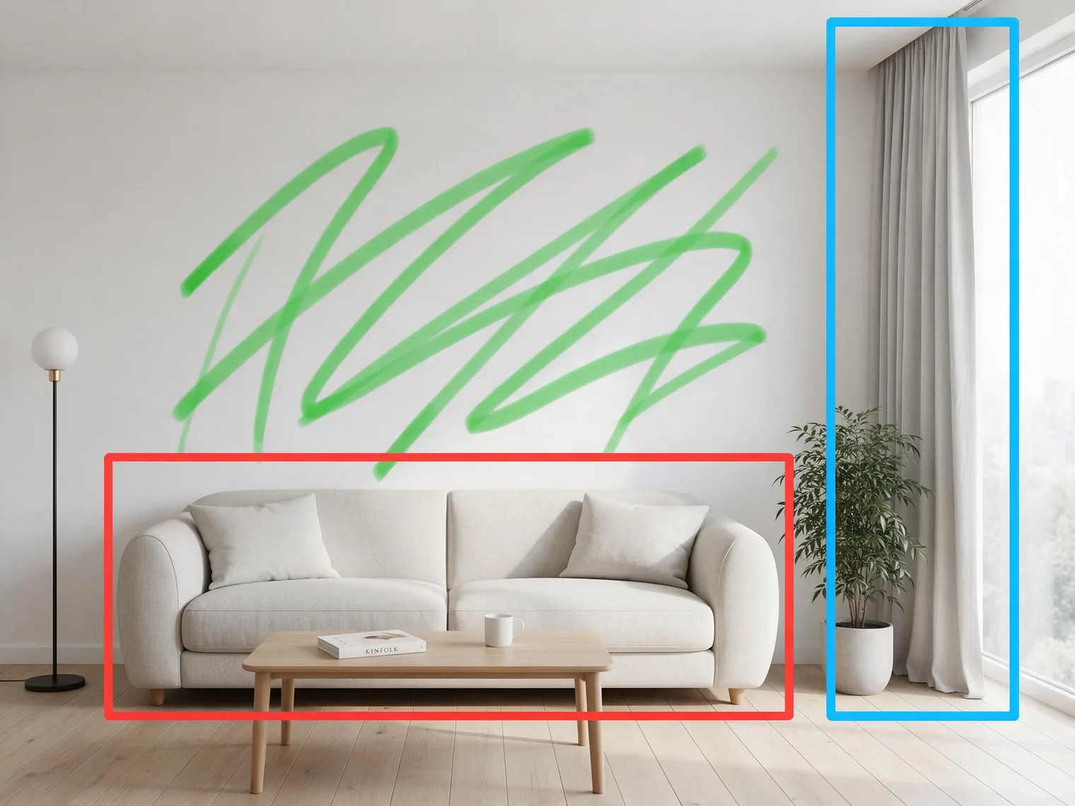 Seedream 5.0 Pro precision-edit reference image of a living room, with a red box around the fabric sofa, a blue box around the gray curtains, and green marks on the white wall