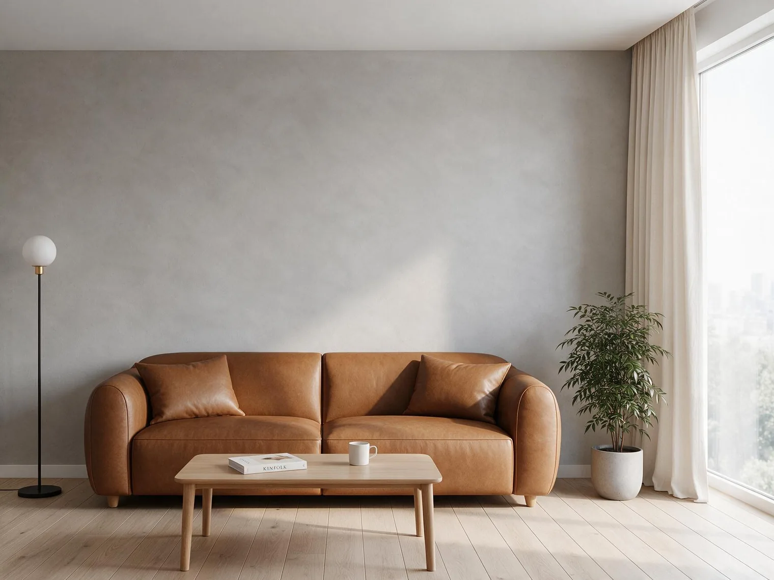 Seedream 5.0 Pro living-room precision edit result with a caramel-brown matte leather sofa, warm-white linen curtains, and a light-gray microcement wall