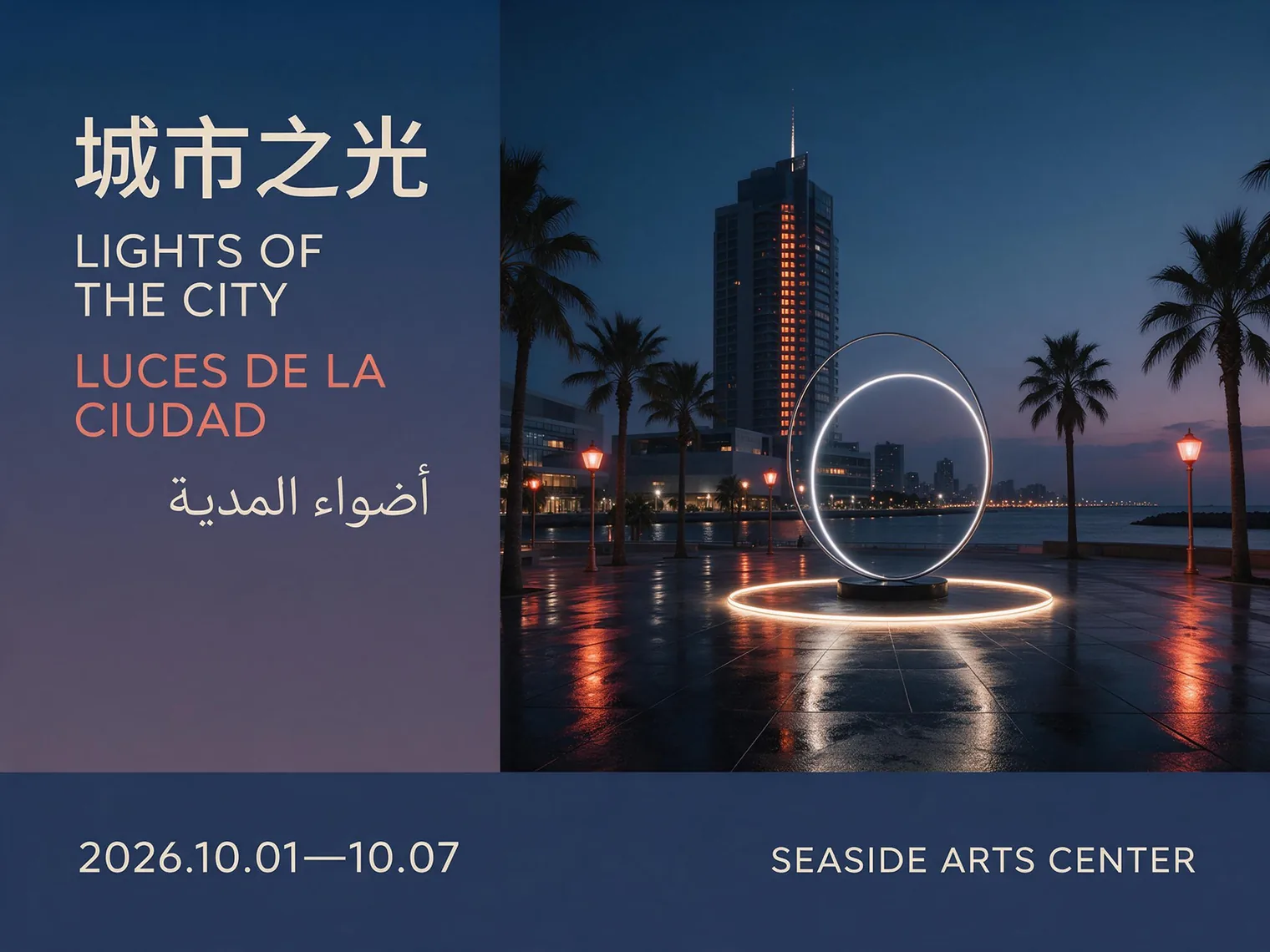 Four-language city travel poster generated with Seedream 5.0 Pro, featuring Chinese, English, Spanish, and Arabic titles with a coastal city night scene