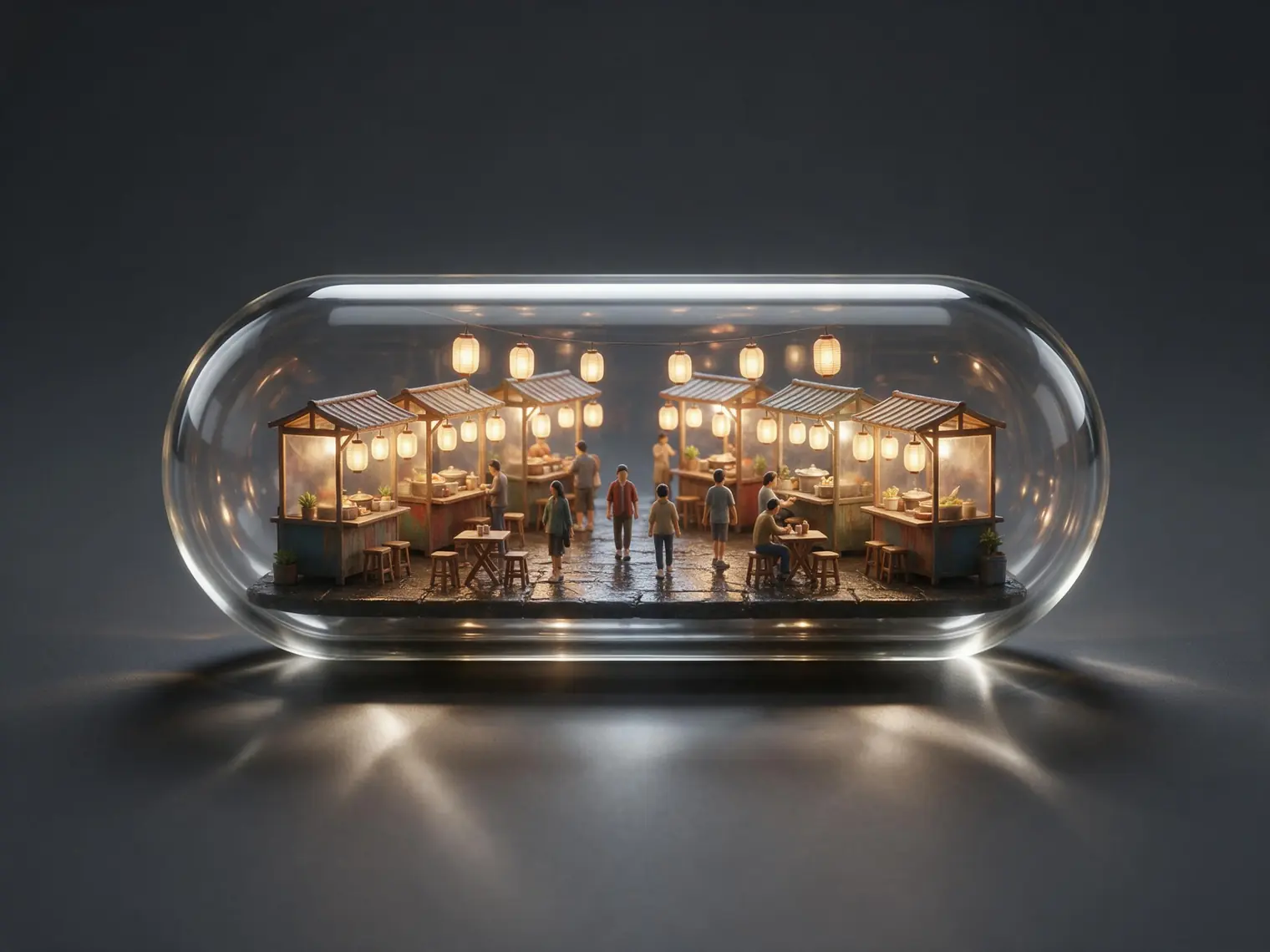 Seedream 5.0 Pro 3D hero image of a miniature night market inside a transparent glass capsule