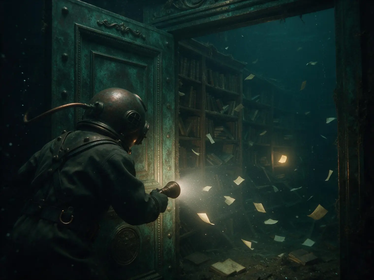 Seedream 5.0 Pro cinematic still of an old deep-sea diver illuminating a flooded library with drifting pages