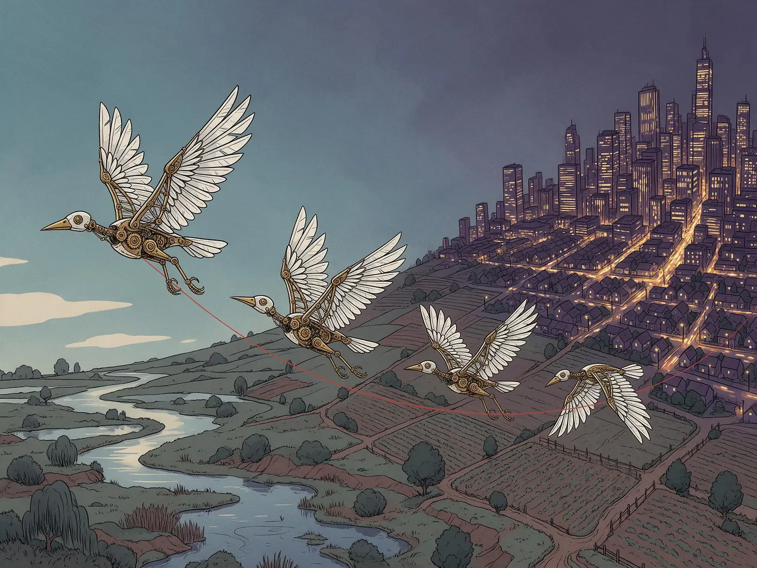 Seedream 5.0 Pro editorial illustration of mechanical migratory birds traveling from wetlands toward a night city