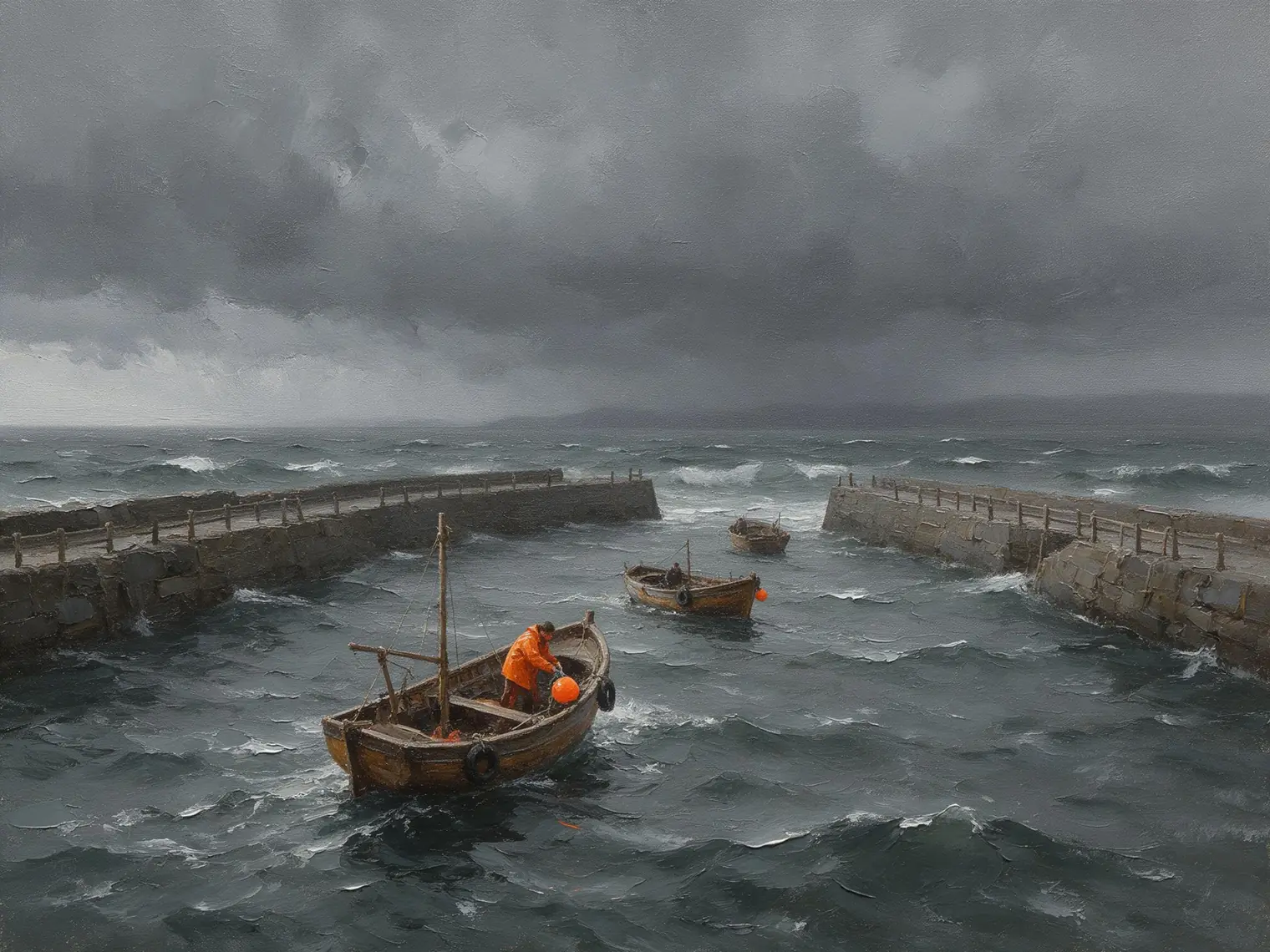 Seedream 5.0 Pro oil painting of fishing boats returning before a storm with coarse canvas and impasto waves