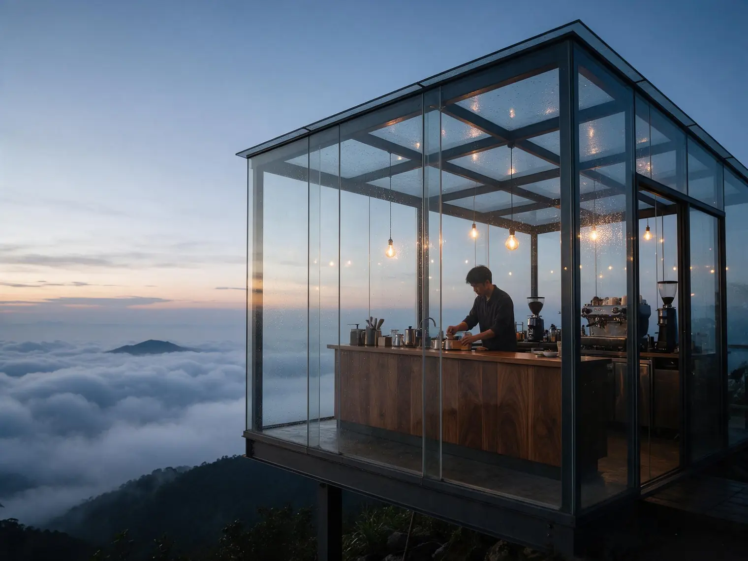 Seedream 5.0 Pro mountaintop glass greenhouse café photography with blue-hour clouds and warm interior lighting