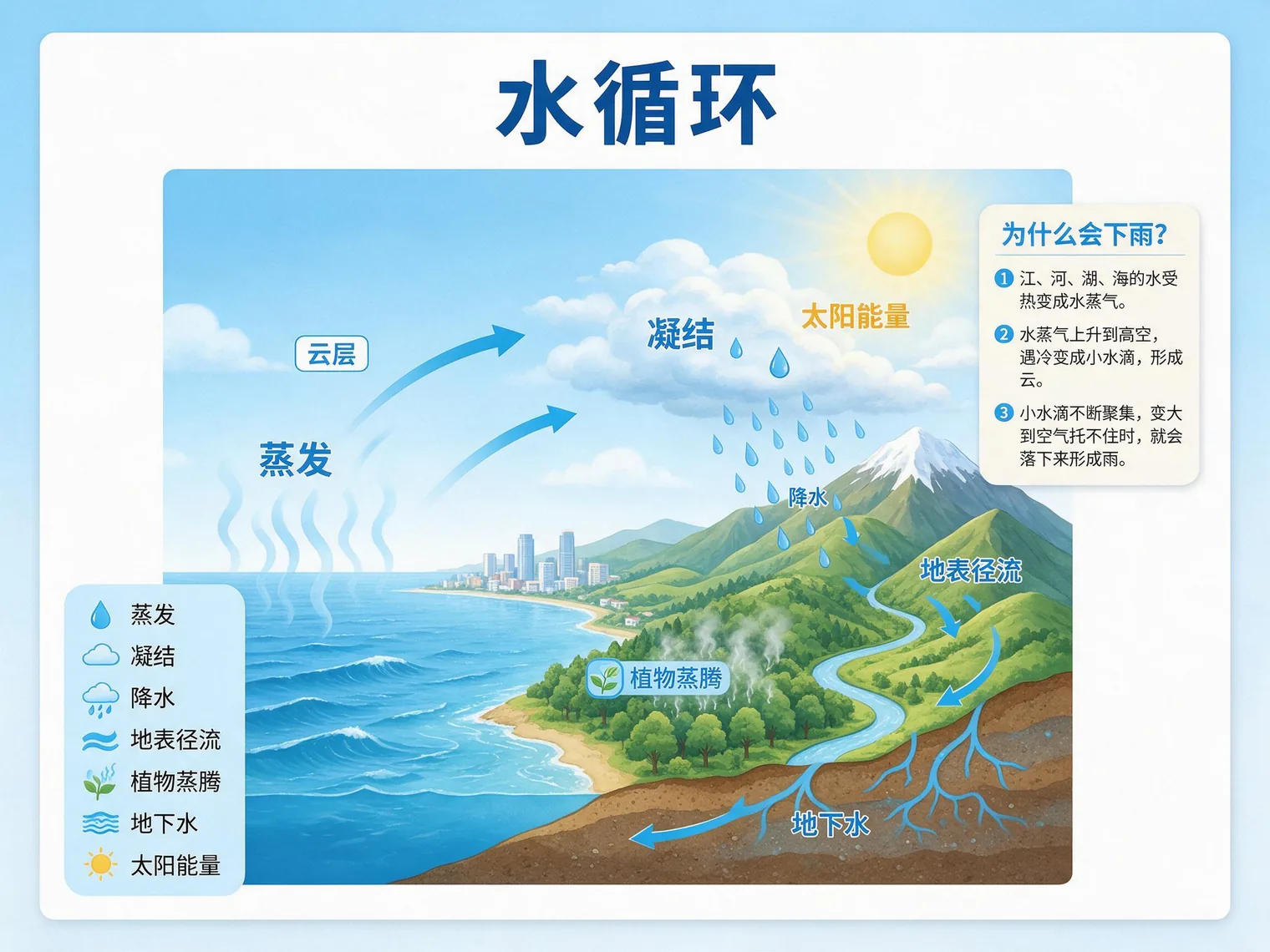 Chinese water cycle classroom poster generated with Seedream 5.0 Pro, illustrating evaporation, condensation, precipitation, surface runoff, transpiration, and groundwater