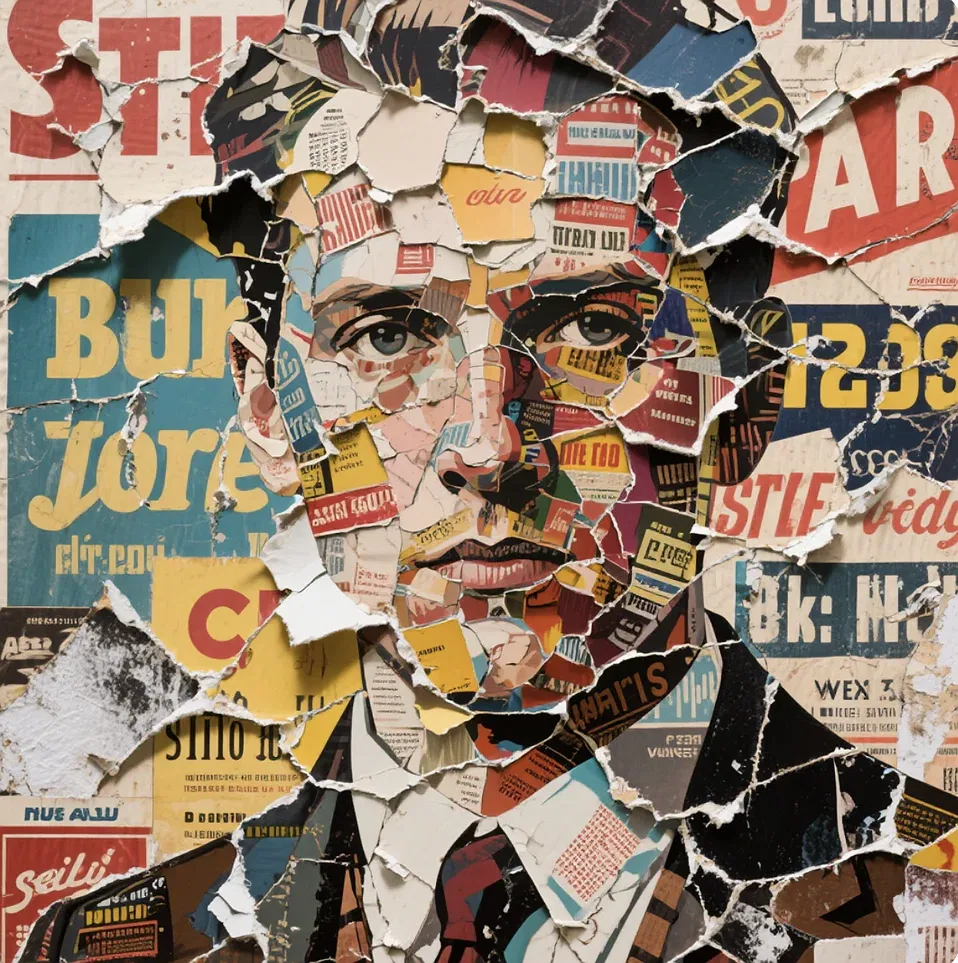 Reference image of a face assembled from torn newspapers and vintage poster fragments