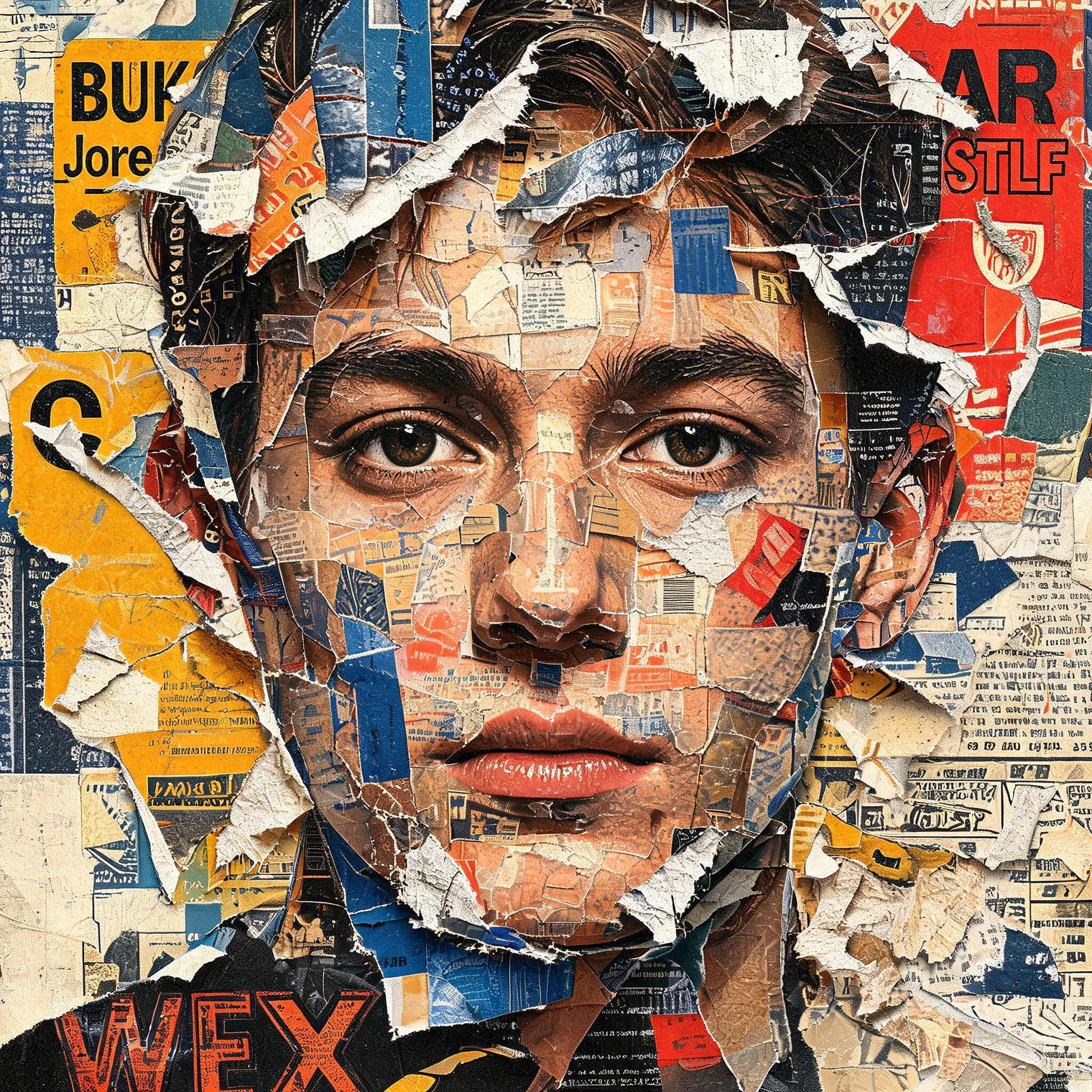 Torn-paper face collage generated from the reverse-engineered image prompt